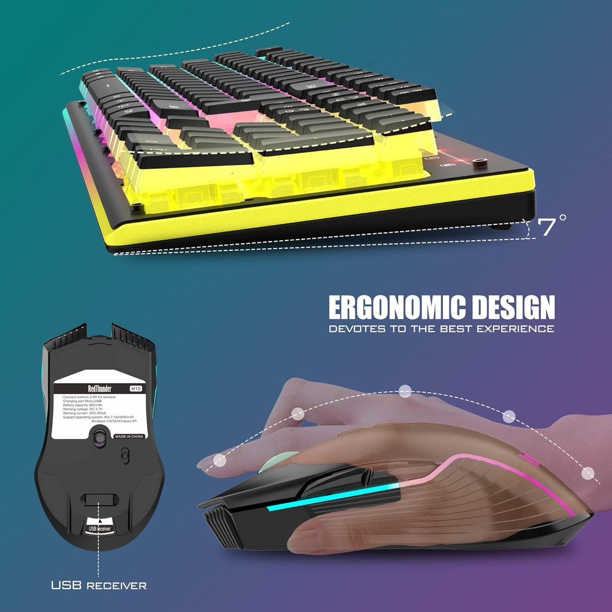 RedThunder K10 - Combo de teclado y ratón inalámbricos para juegos,...