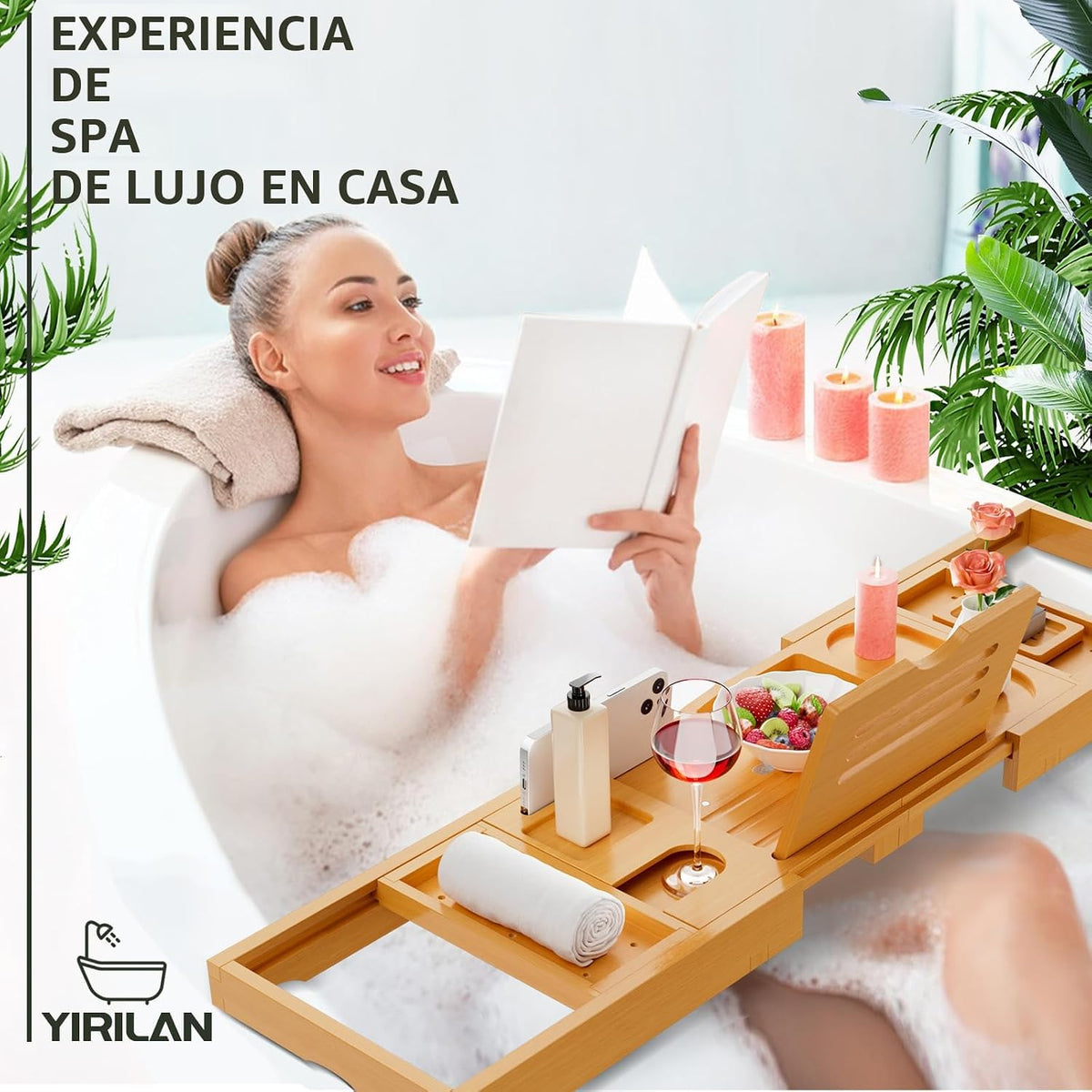 Yirilan Bandeja de baño de bambú, organizador de baño plegable de a...