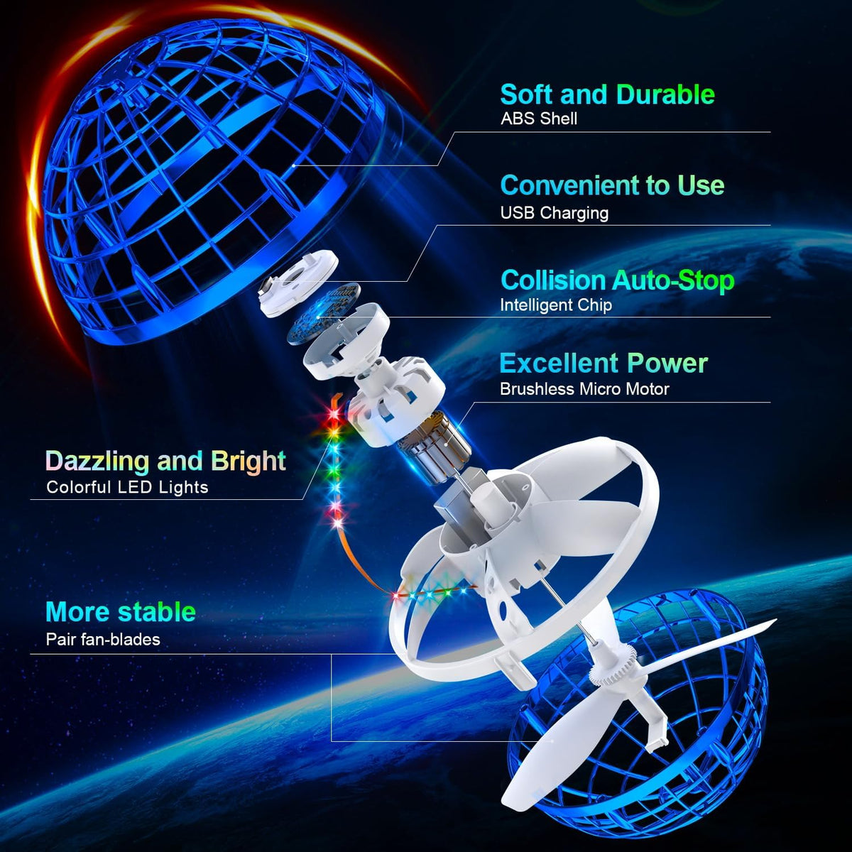 Ivtivfu Bola de orbe voladora (azul, 2026 actualizada) con luces de...