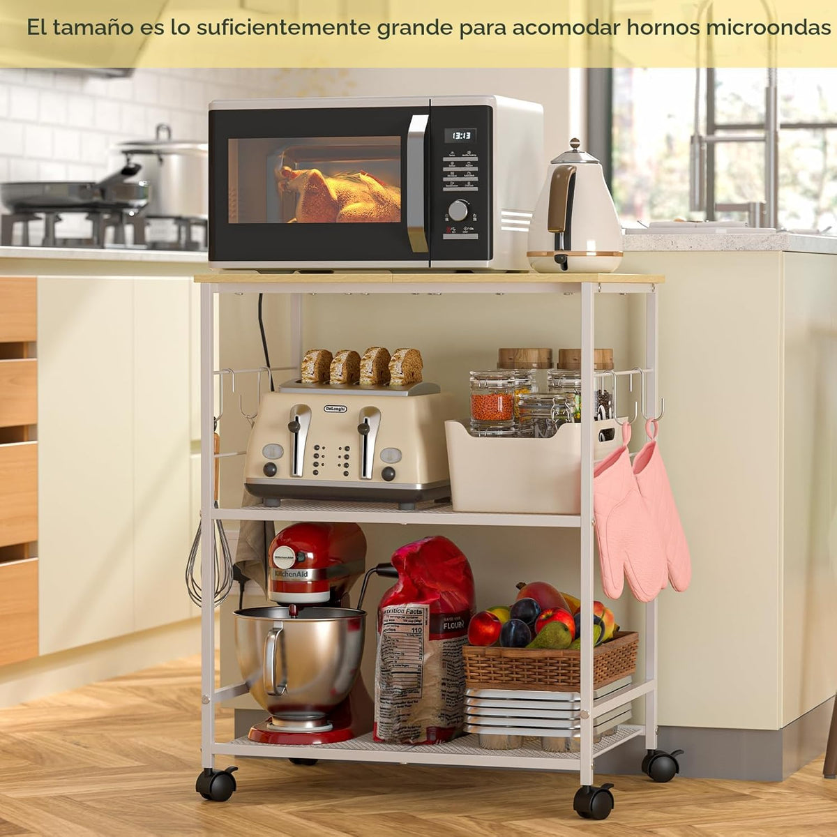 ThreeHio Carrito de microondas de cocina rodante, soporte de mesa d...