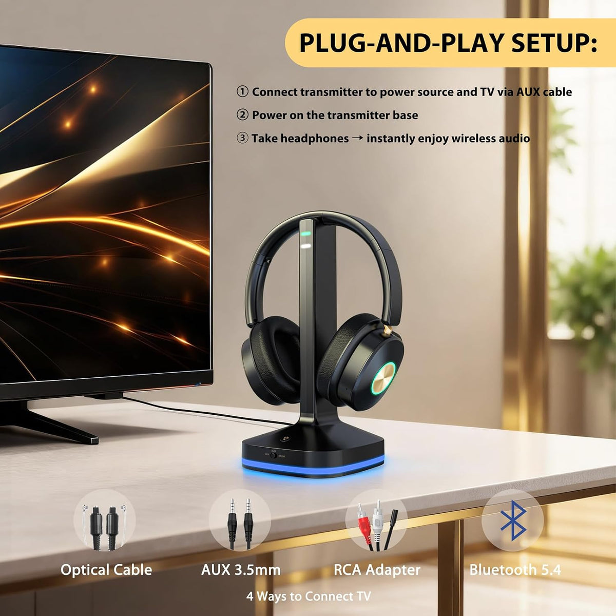 Auriculares inalámbricos para TV, base de carga óptica RCA AUX tran...