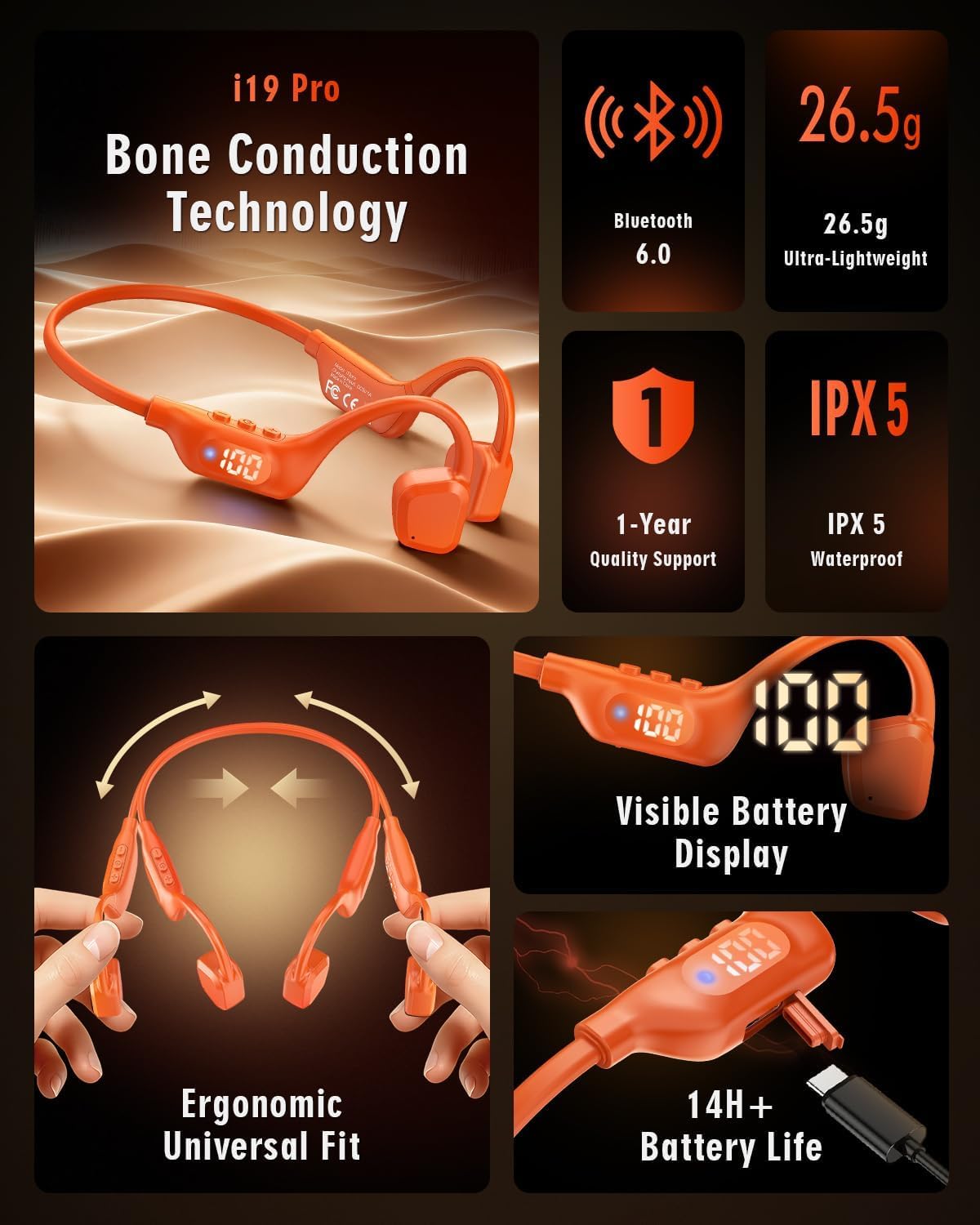 Arciea Auriculares de conducción ósea, auriculares Bluetooth 6.0 de...