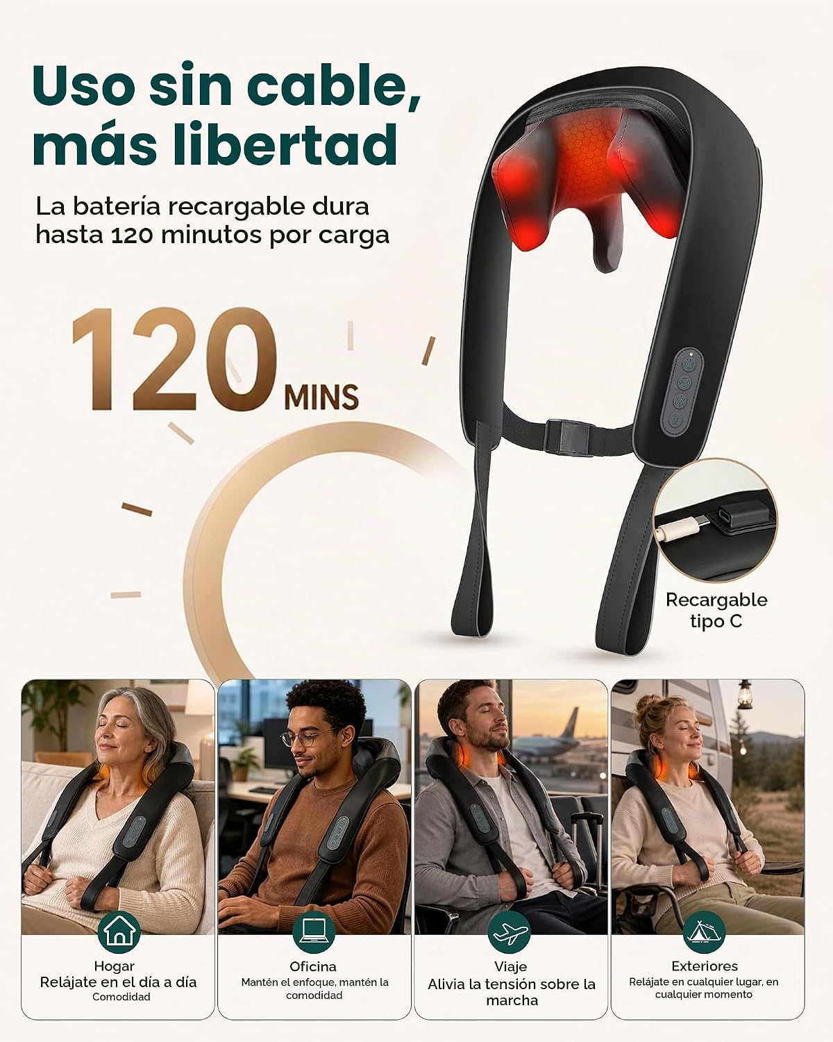 Masajeador de cuello y hombros Shiatsu 4D inalámbrico con calor, vi...