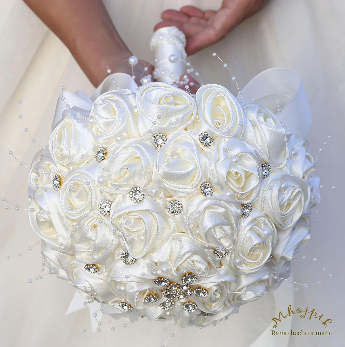 Mhojpik Ramo de Novia para Boda Redondo con Broche Brillante, Ramo...
