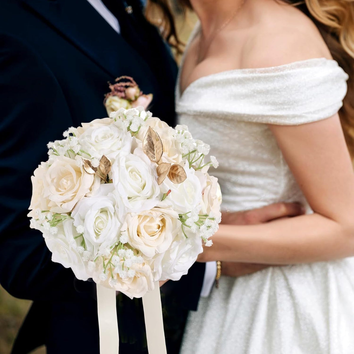 Ramos de boda Qeedy para novia - Flores de seda realistas, rosas ar...