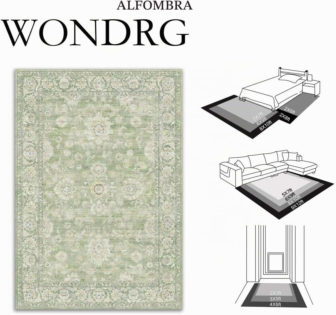 WondRg Alfombra verde lavable de 8 x 10 pies para sala de estar, do...