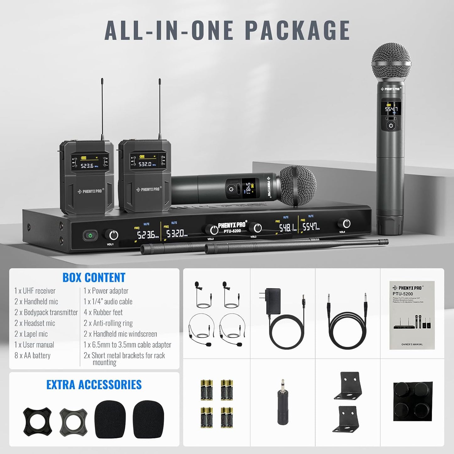 Phenyx Pro 4-Ch UHF Handheld\/Bodypack micrófonos inalámbricos PTU-...