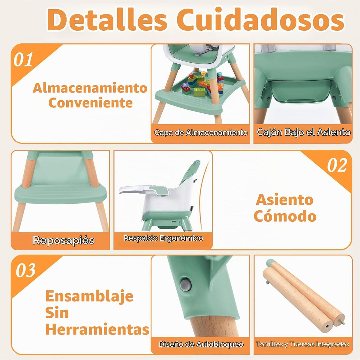 Babyliebe Silla alta para bebé, silla alta de madera convertible 8...