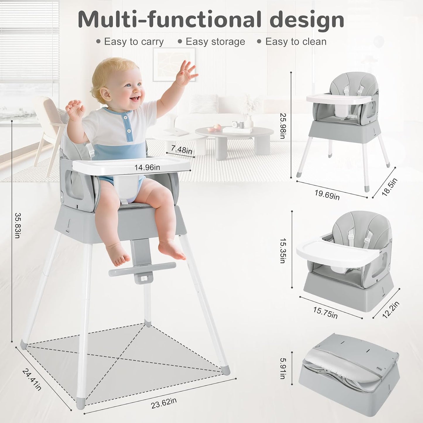 BOSEDSANG Silla alta para bebé 4 en 1, silla alta convertible para...