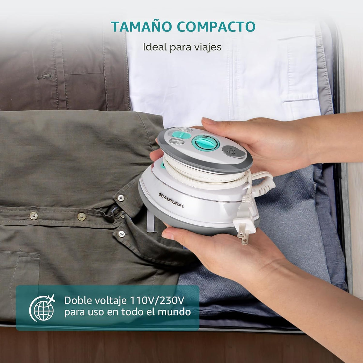 BEAUTURAL Mini plancha de vapor de viaje para ropa con doble voltaj...