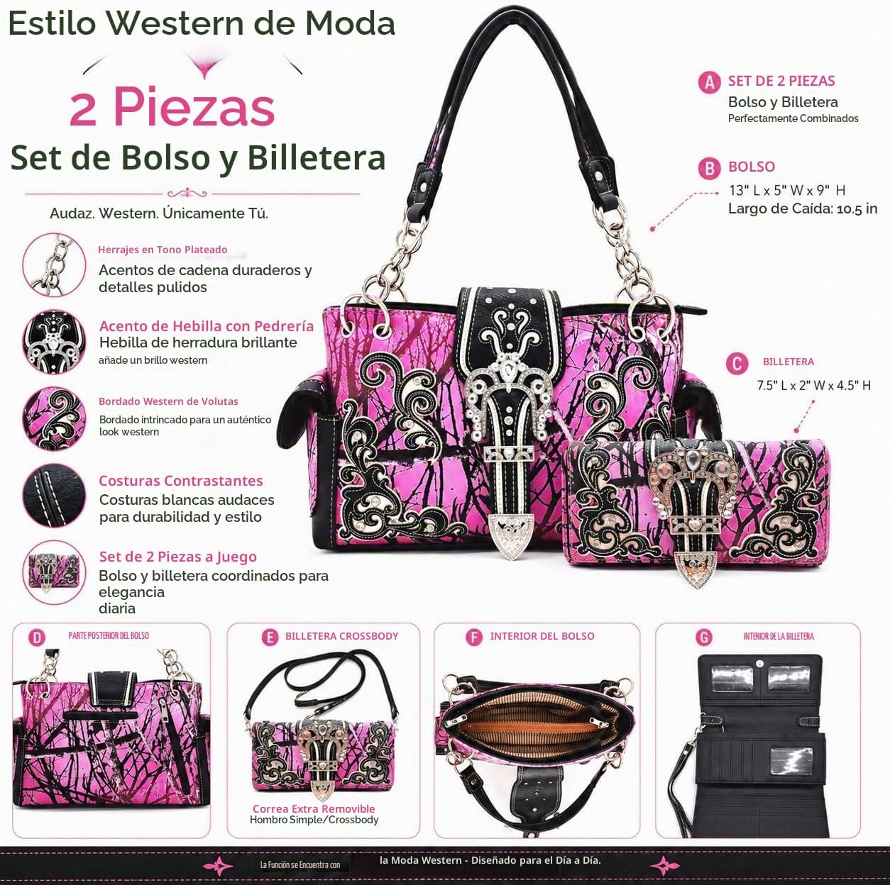 Bolso estilo occidental con hebilla de corona camuflaje, brillo flo...