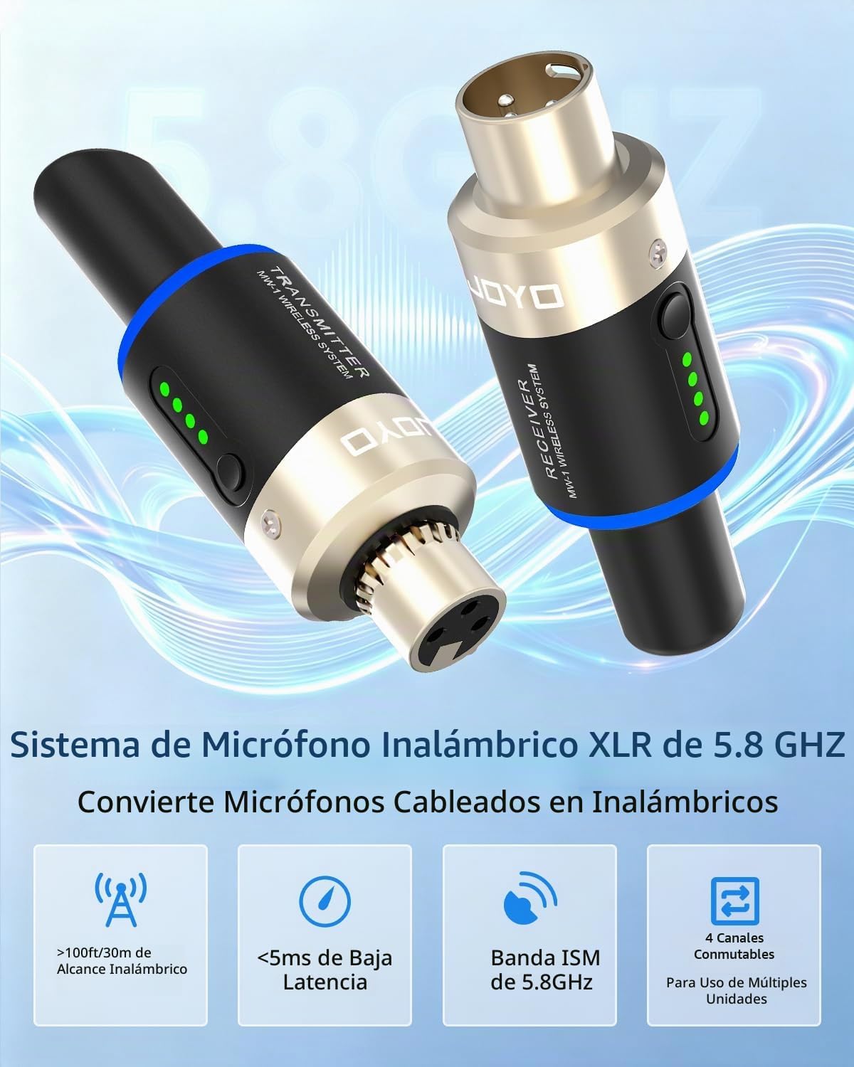JOYO Sistema de micrófono inalámbrico de 5.8 GHz, receptor de trans...
