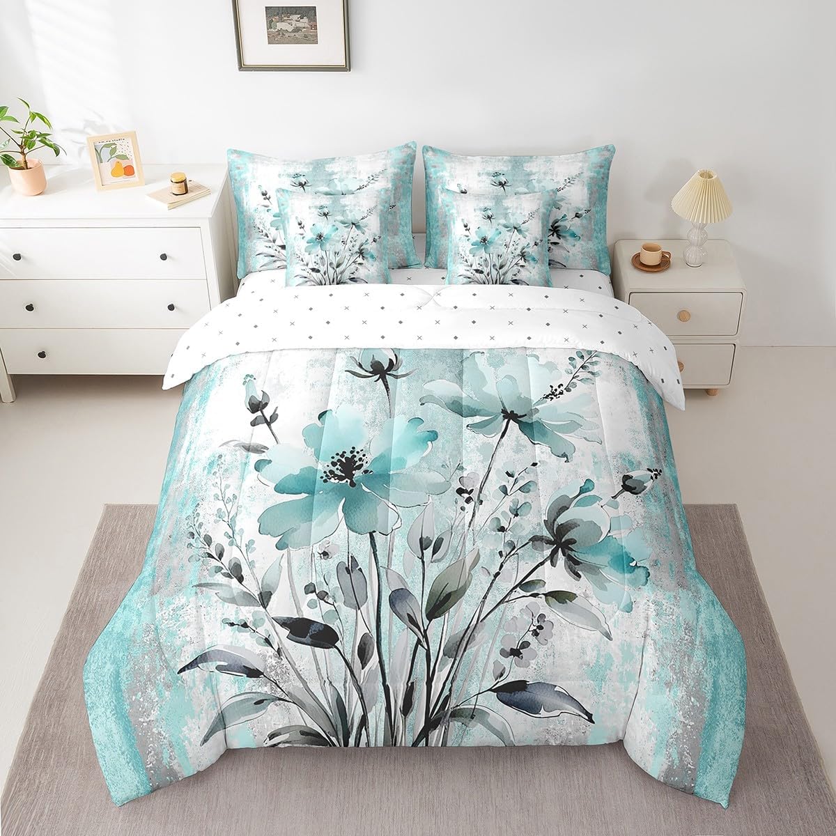 Erosebridal Ropa de cama Queen con Flores de Acuarela 7 Piezas para...