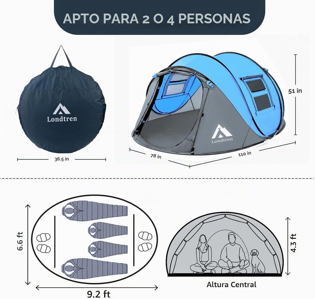 Tienda de campaña desplegable fácil para 4 personas, impermeable, c...