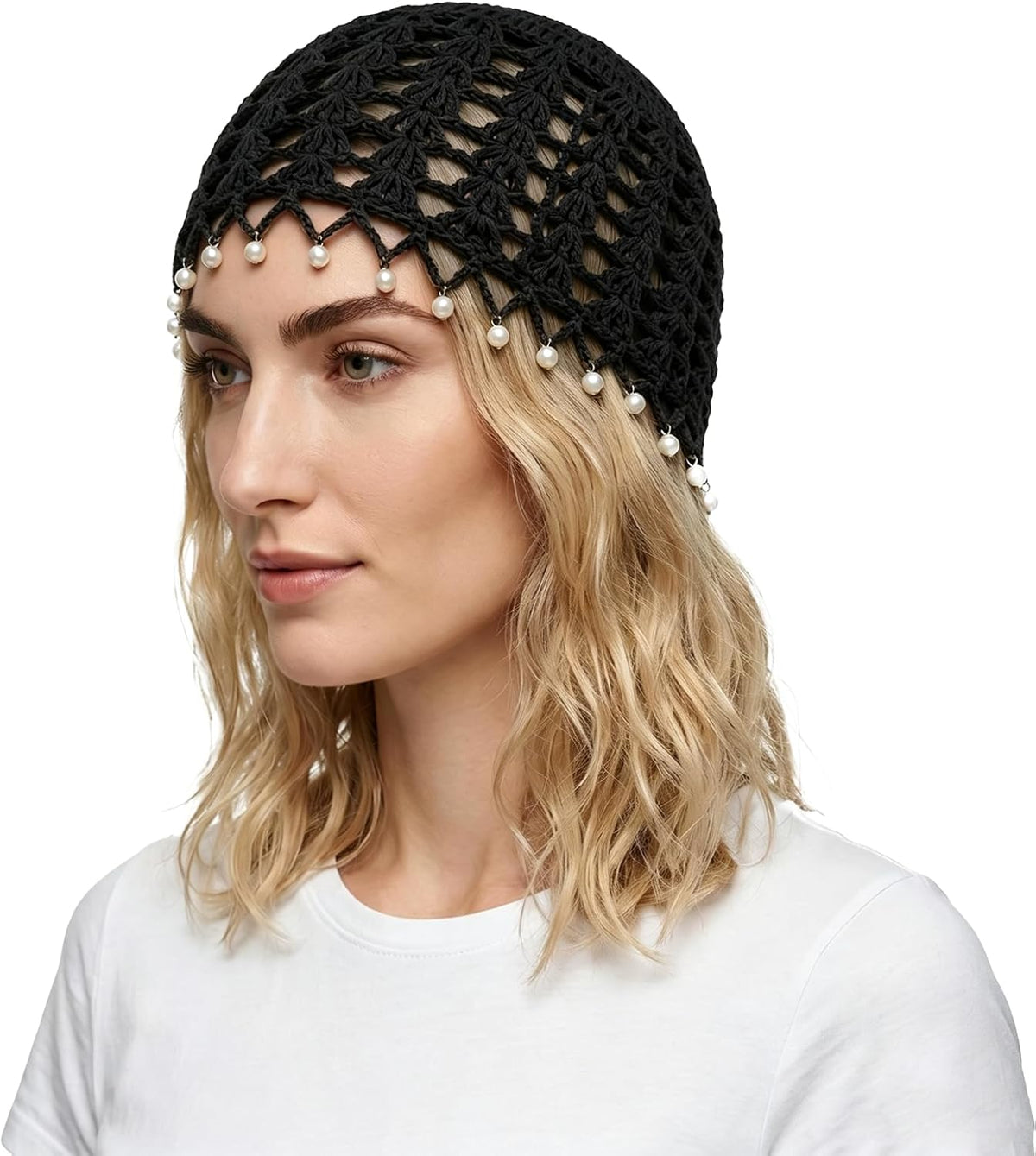 Lyfange Sombrero de ganchillo de perlas para mujer, hecho a mano, d...