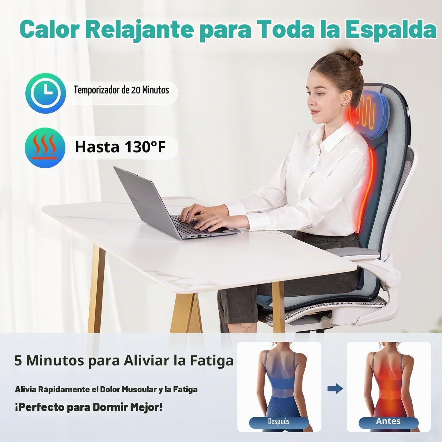 comrelax Masajeador de espalda de vibración para silla con calor, c...