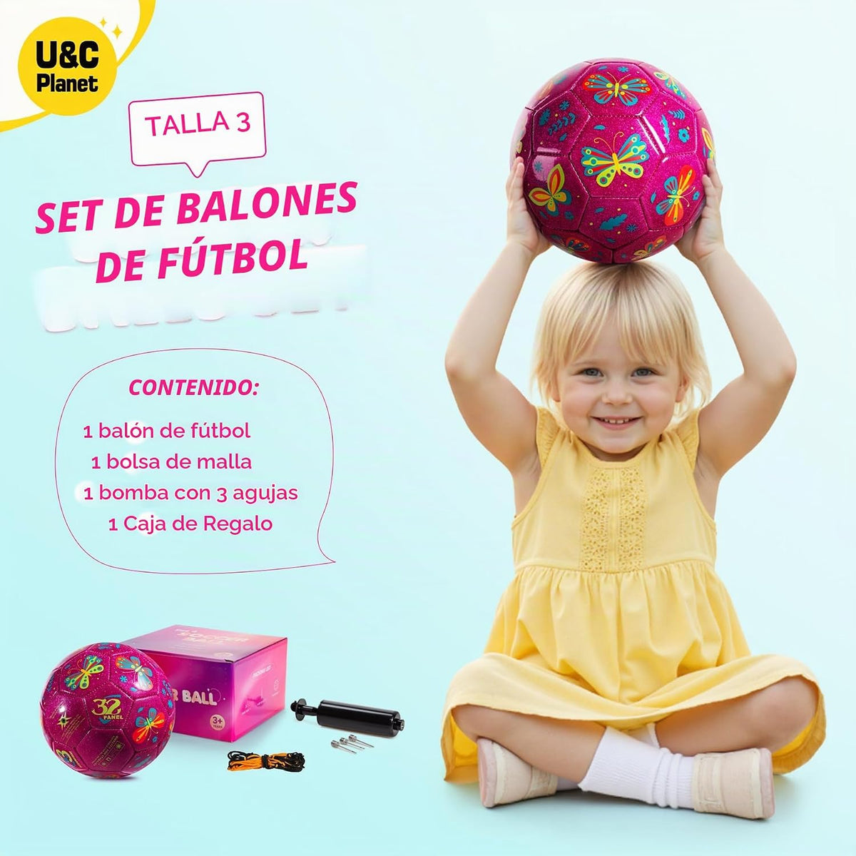 Balón de fútbol U&C Planet tamaño 2, 3, 4 para niños pequeños y jóv...