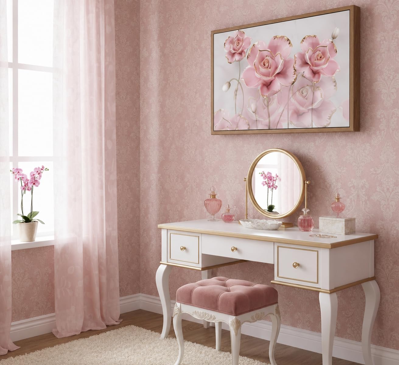 Lienzo enmarcado moderno y delicado de rosas de oro rosa, arte de p...
