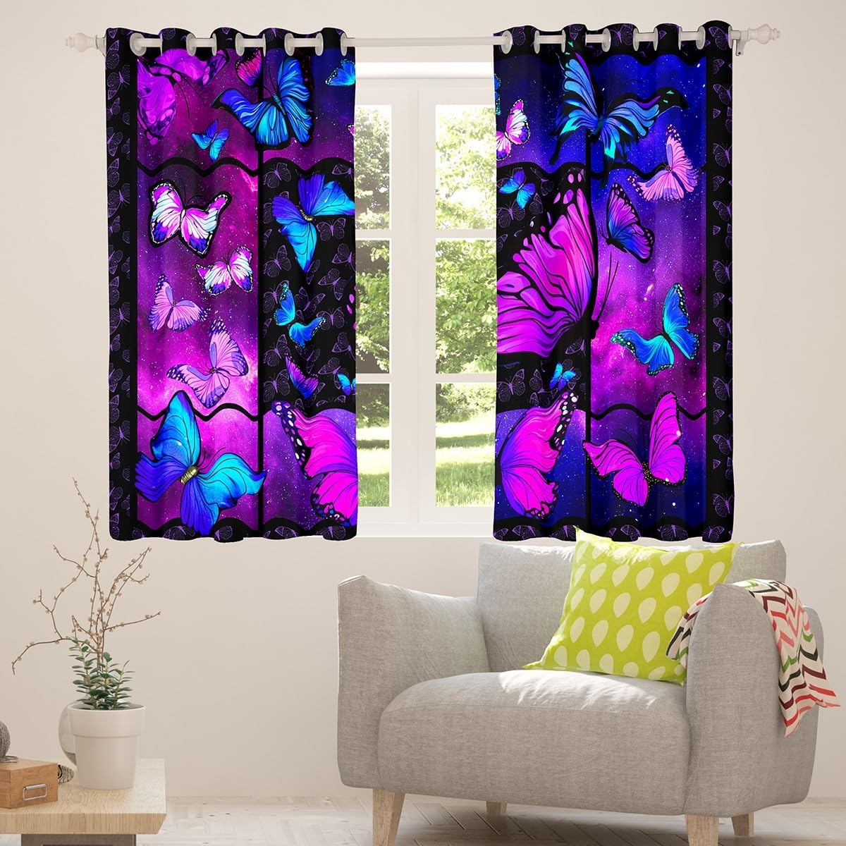 Cortinas de mariposa moradas para dormitorio de niñas y mujeres, 52...