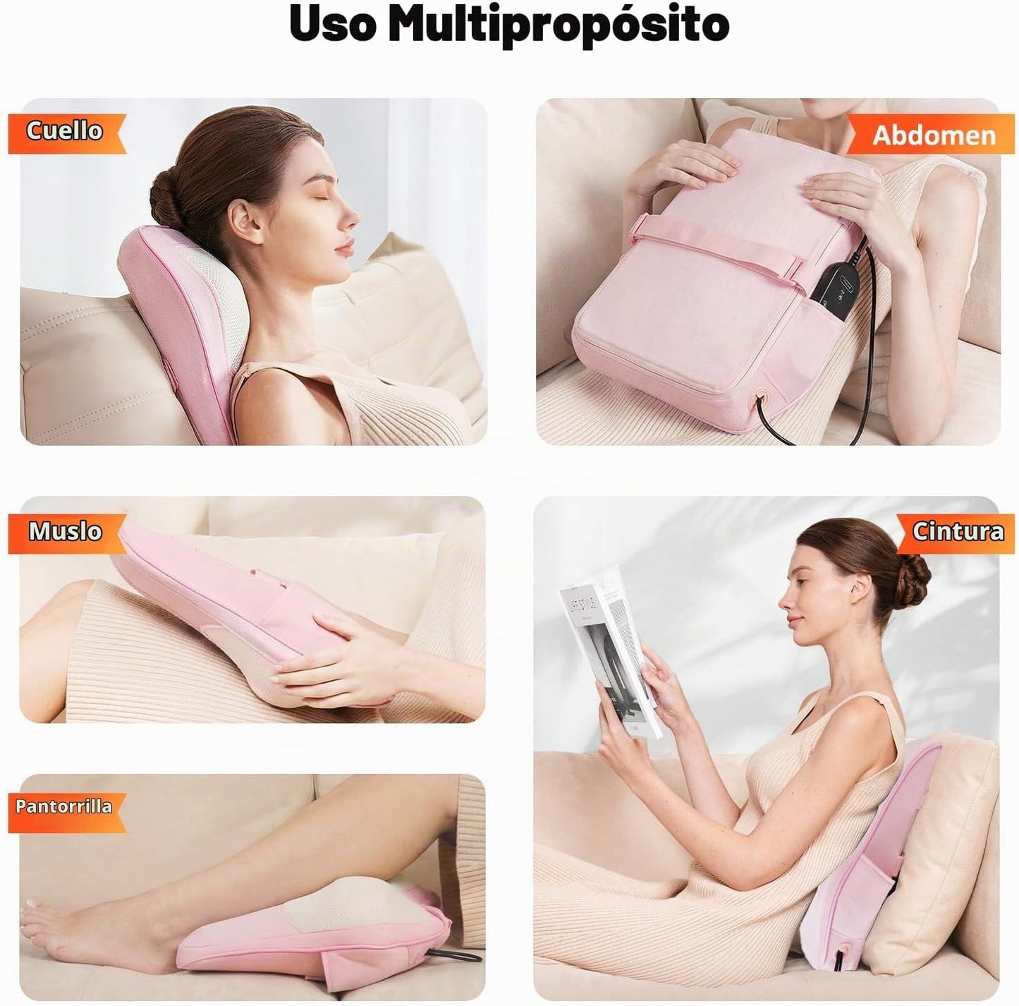 Boriwat Masajeador de cuello y espalda con calor, almohada de masaj...