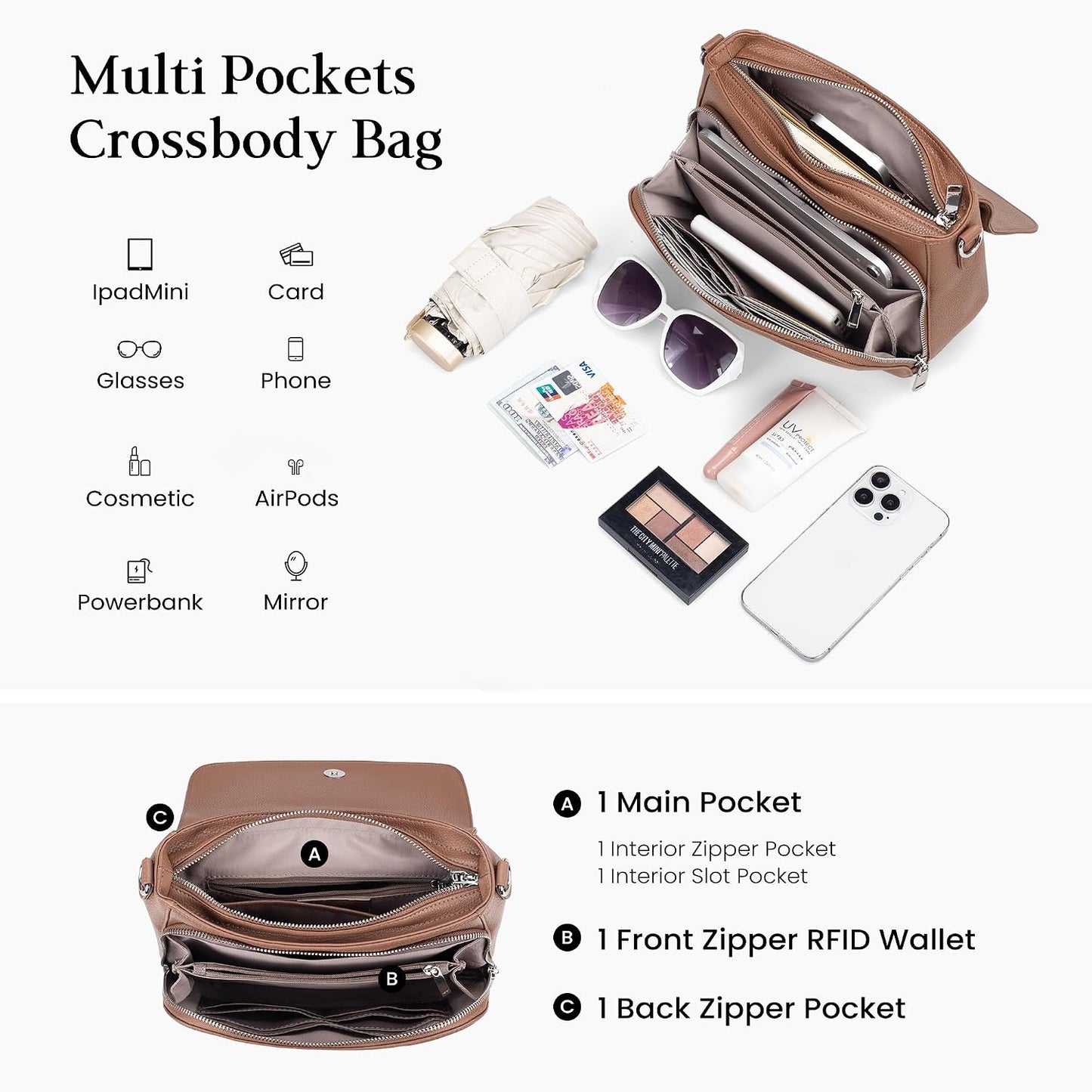 befen Bolsos cruzados de cuero genuino para mujer con cartera RFID...