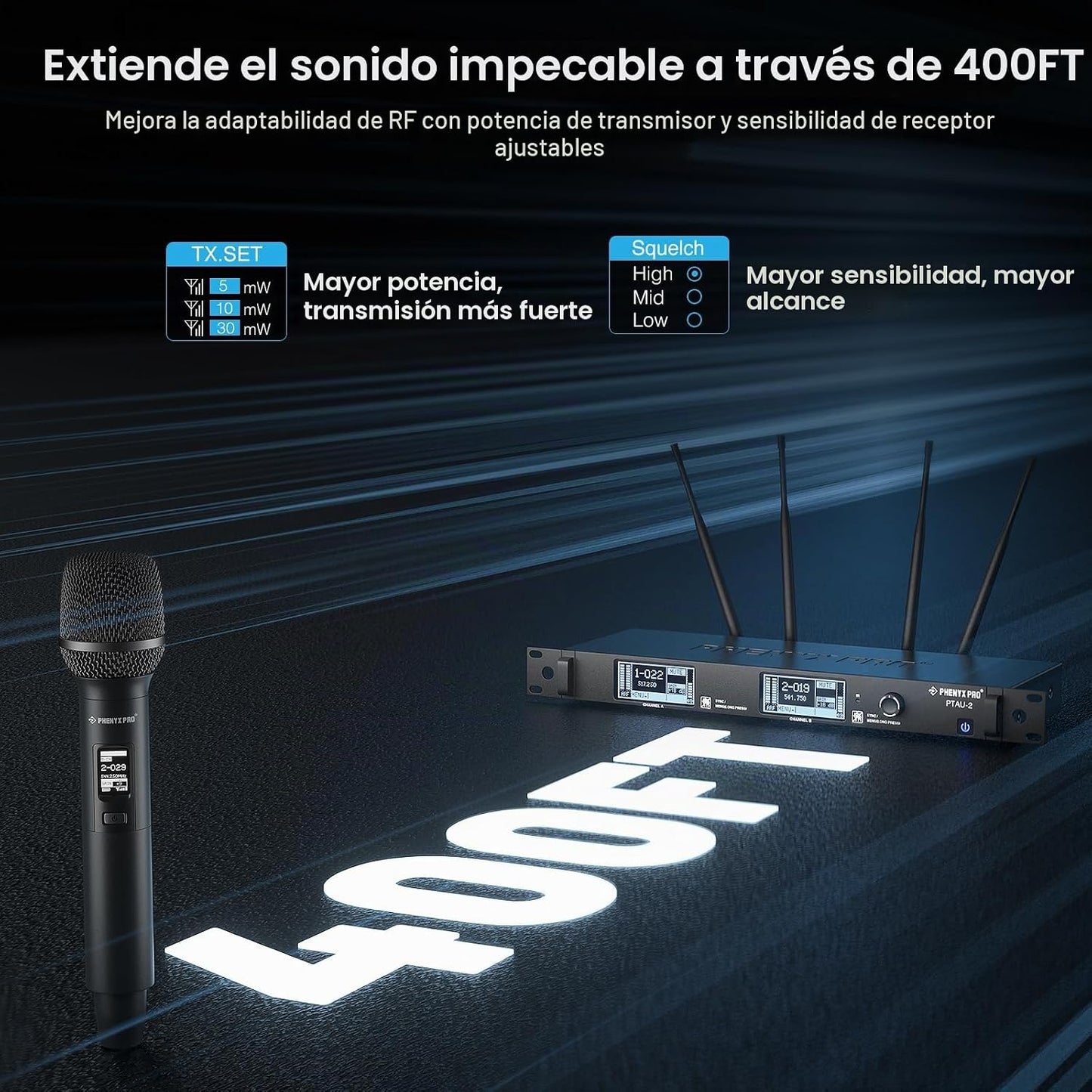 Phenyx Pro Sistema de Micrófono Inalámbrico de Doble Canal, Micrófo...