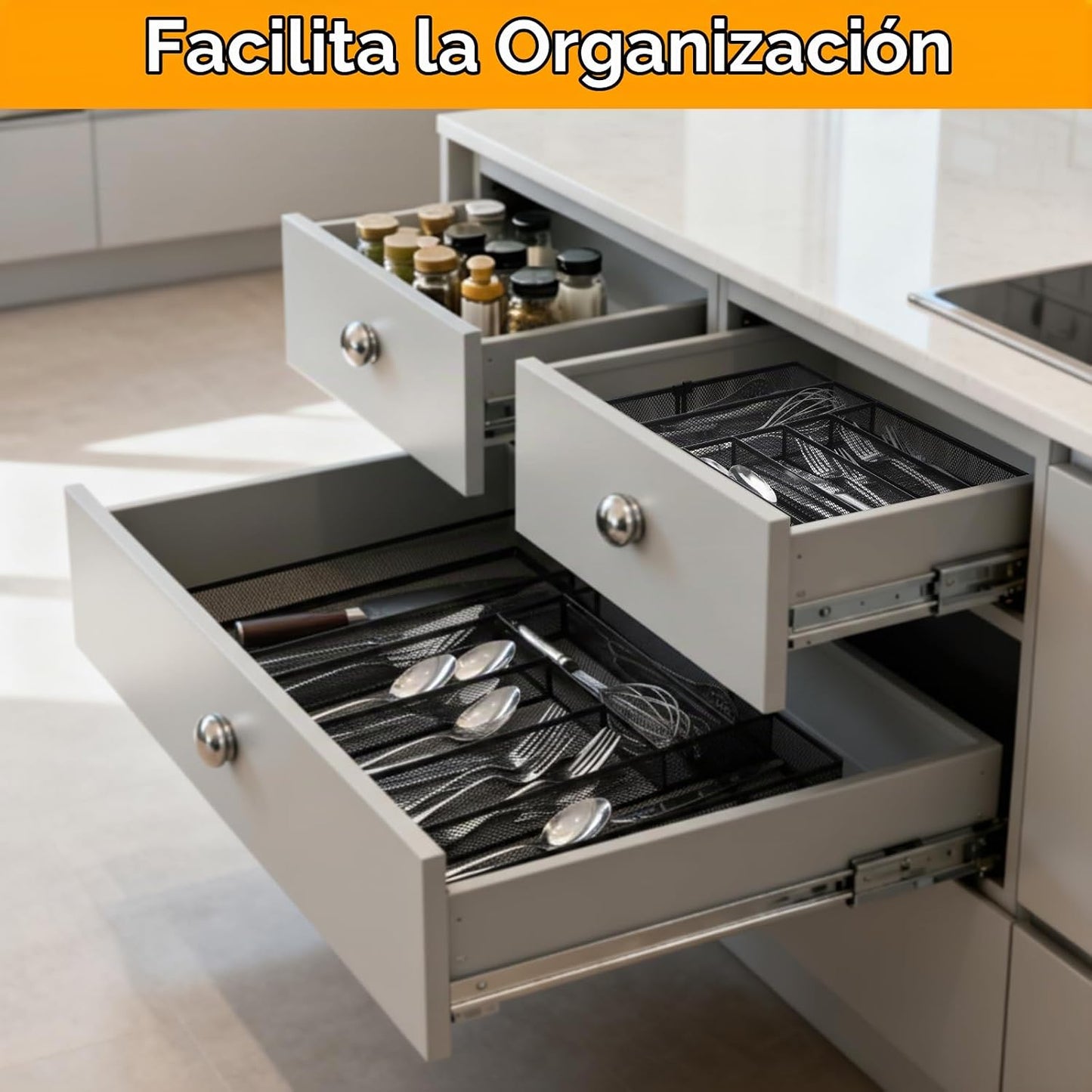 Fiwochic Organizador de cubiertos para cajones de utensilios, malla...