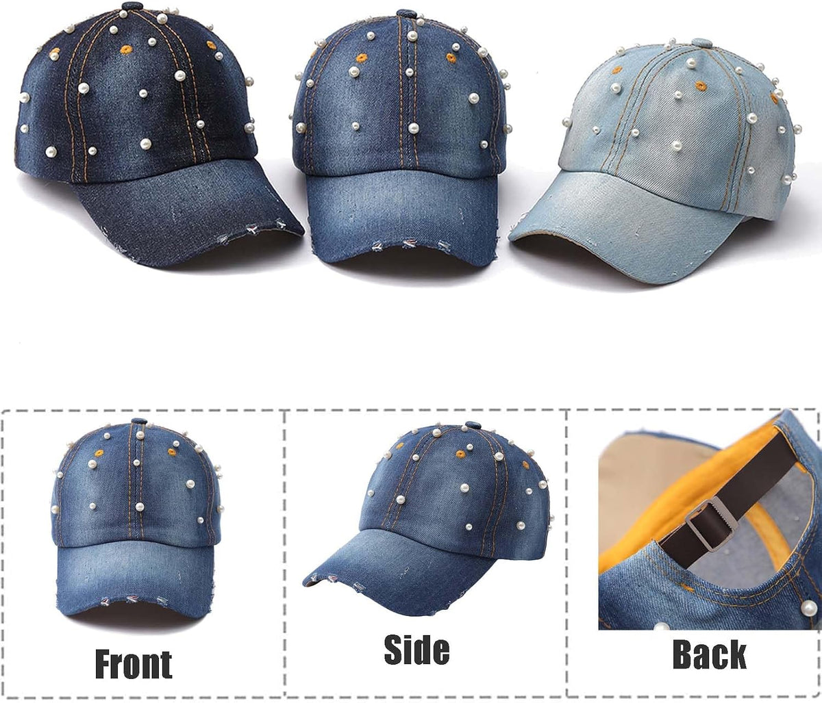 Qkxbxk Gorra de béisbol de mezclilla con perlas para mujer, ajustab...