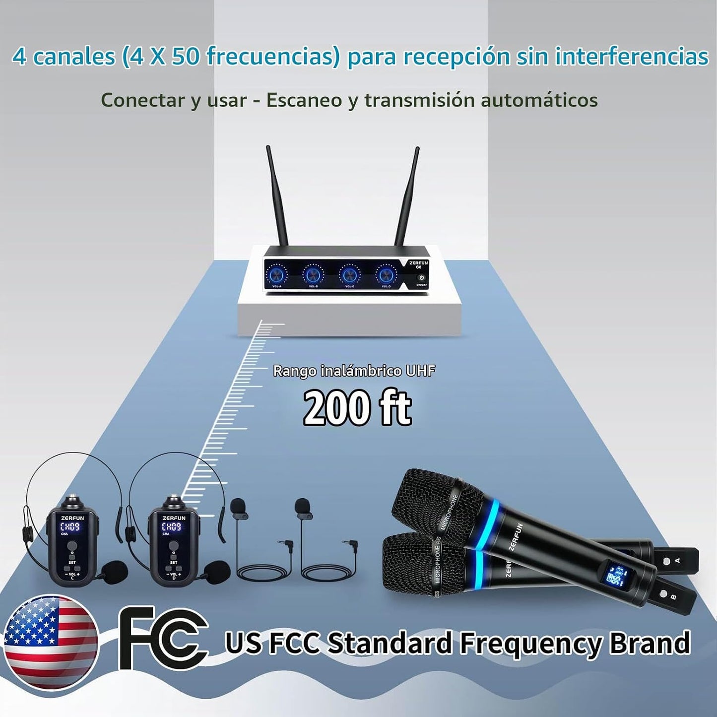 ZERFUN Sistema de Micrófono Inalámbrico Recargable de 4 Canales, Mi...