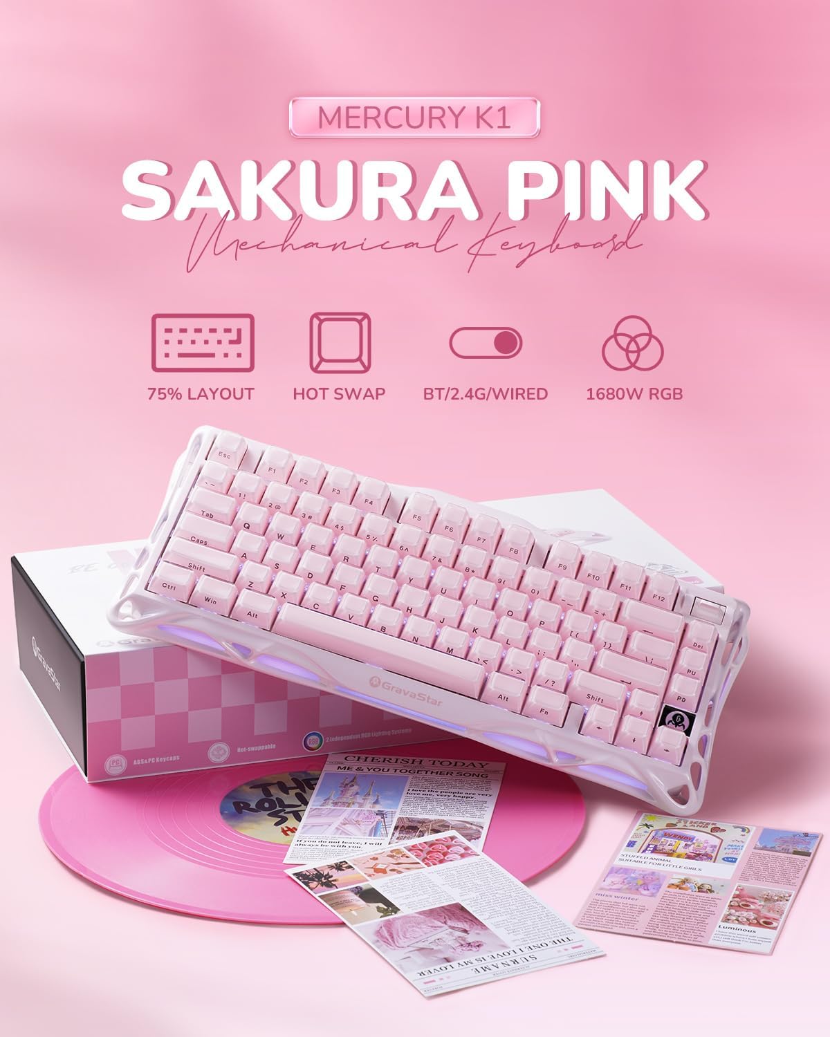 GravaStar Mercury K1 75% Rosa Teclado Inalámbrico, Diseño de Exoesq...