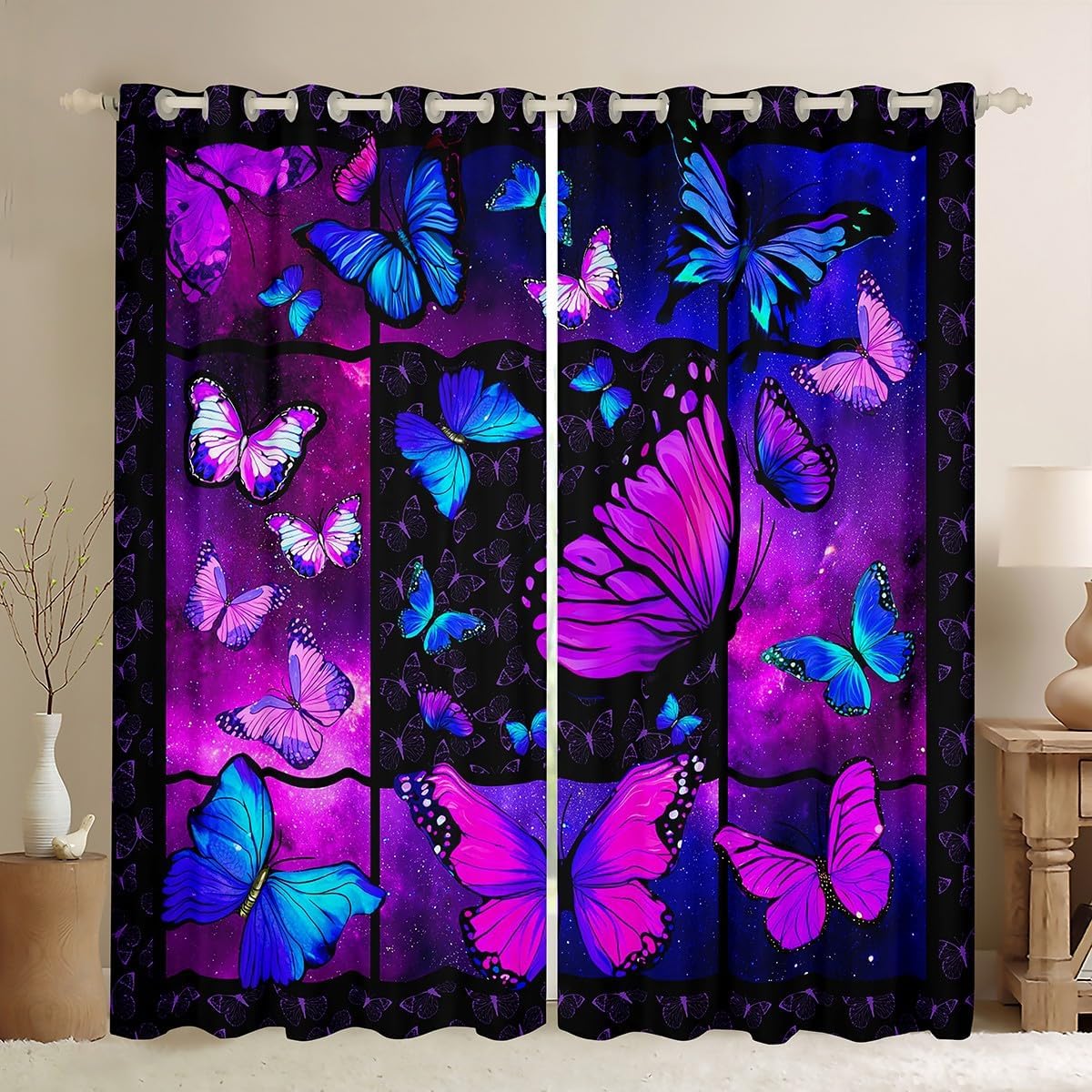 Cortinas de mariposa moradas para dormitorio de niñas y mujeres, 52...