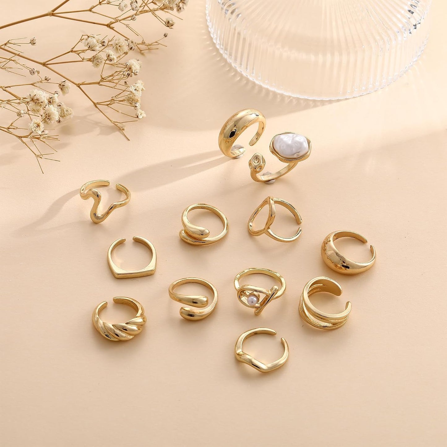 12 piezas de anillos de oro gruesos para mujer, anillo de flor sin...