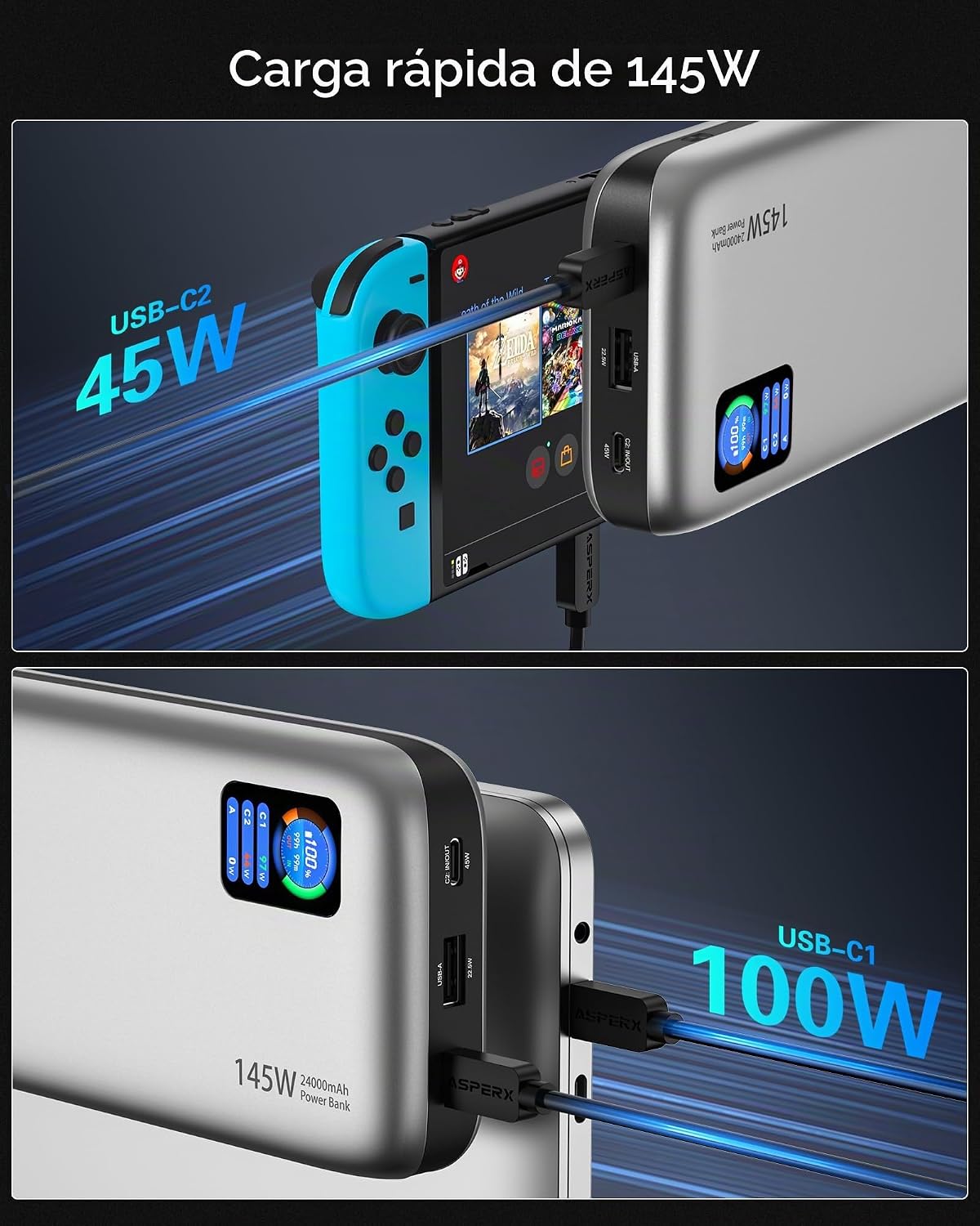 AsperX Cargador de batería portátil de 140 W, 25,000 mAh, cargador...