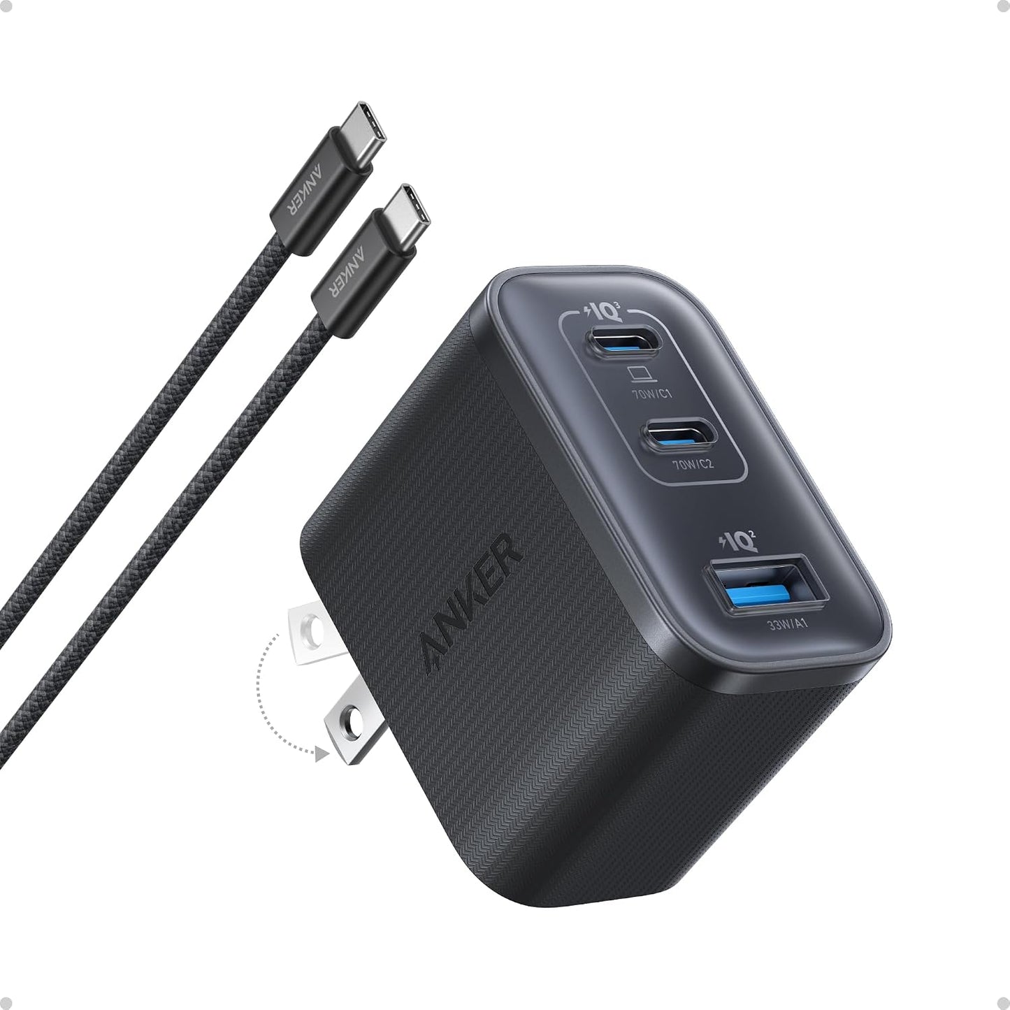 Anker Cargador rápido Nano 70W Max de 3 puertos USB C, cargador tip...