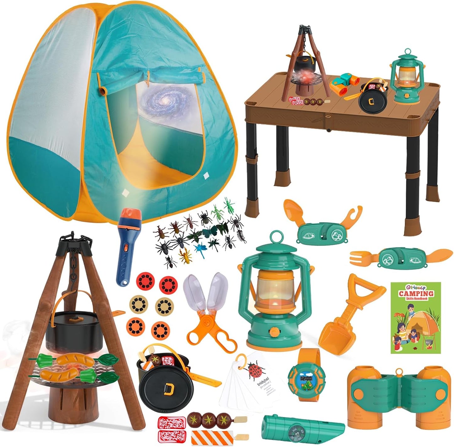 Qtioucp - Juego de campamento para niños de 50 piezas con mesa pleg...
