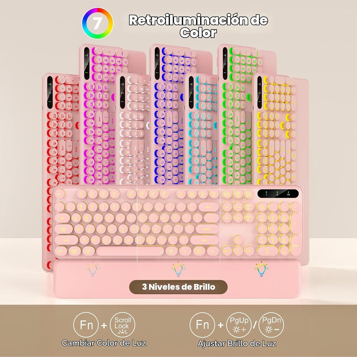 Combo de teclado y mouse inalámbricos, teclas redondas retroilumina...