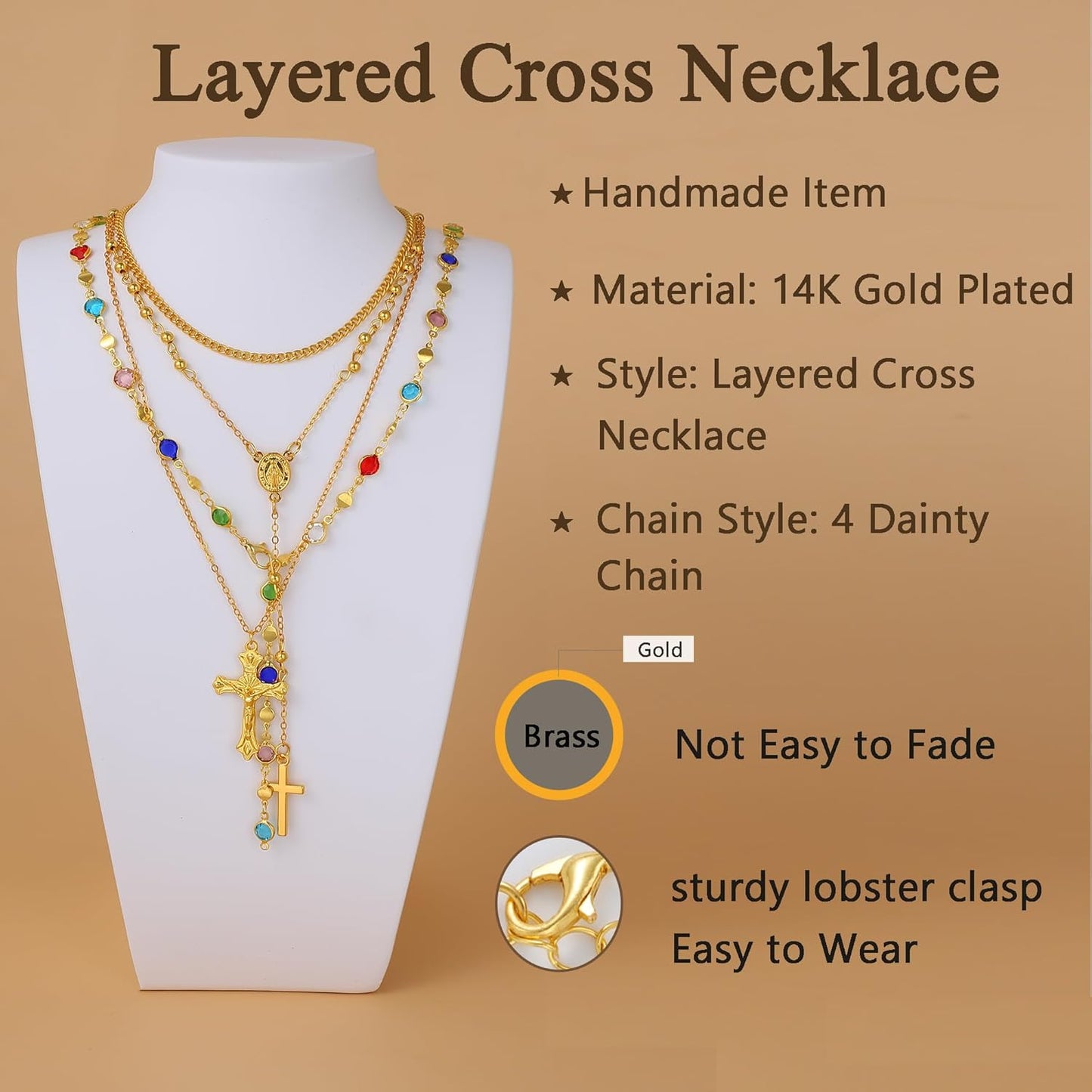 4 piezas de collares de cruz dorados en capas para mujer, modernos,...