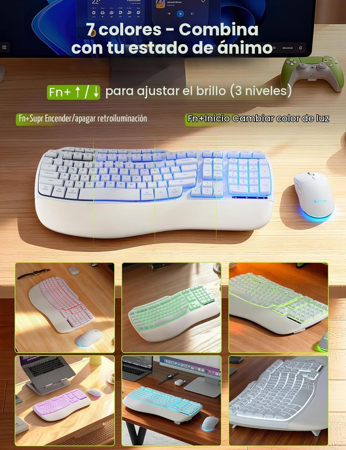 Combo de teclado y mouse inalámbricos blancos, juego de teclado erg...