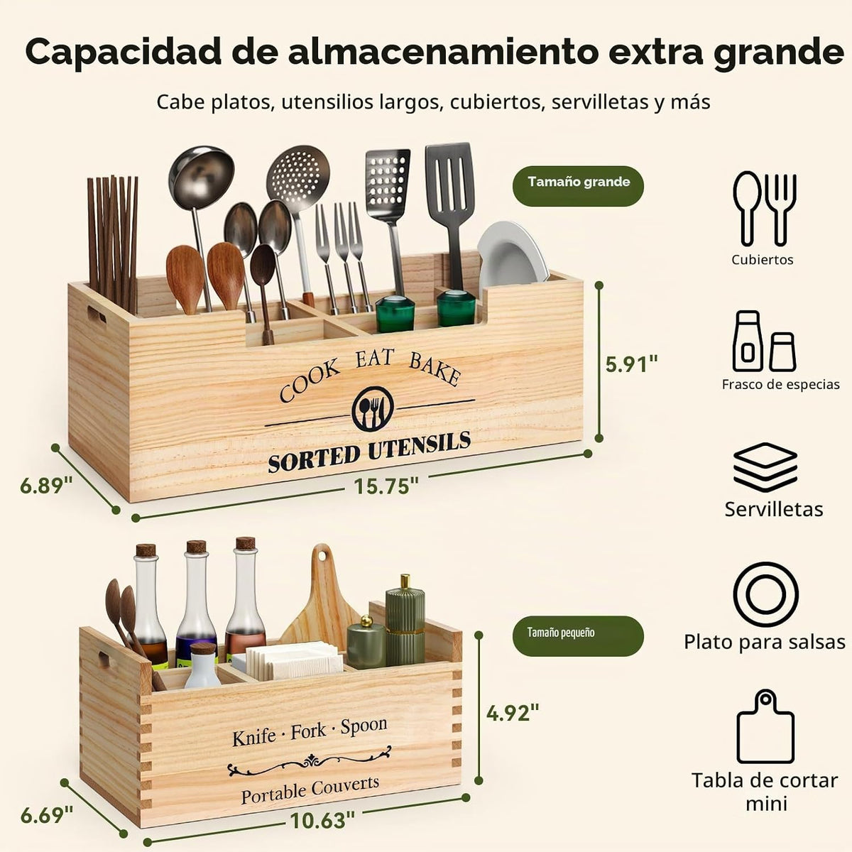 FOXHIVE Soporte extra grande para utensilios, 2 en 1, de madera de...