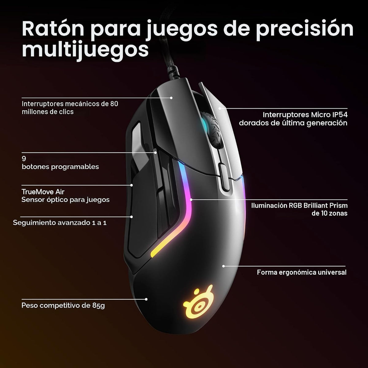 SteelSeries Rival 5 Mouse para juegos con iluminación RGB PrismSync...