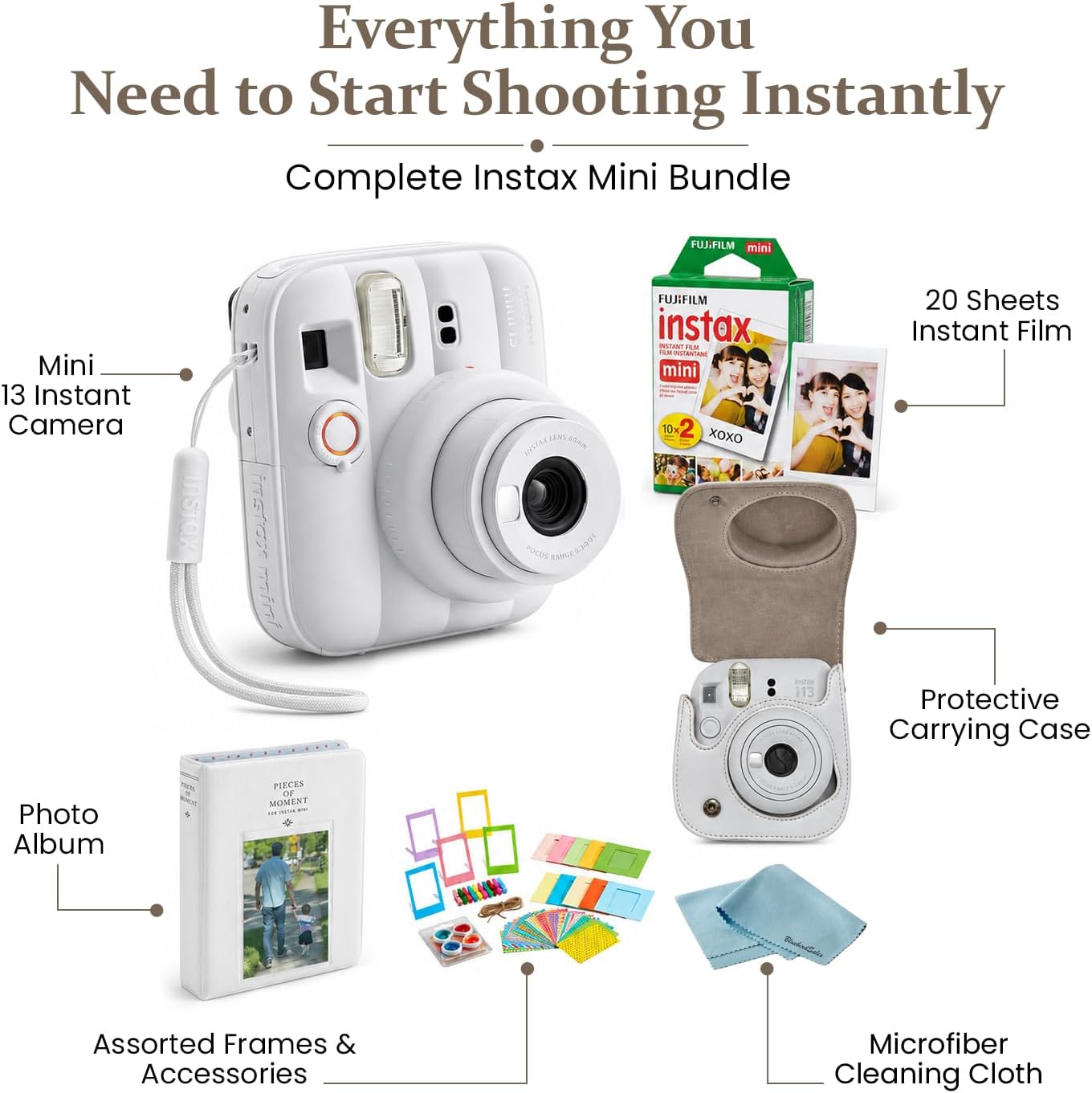 FUJIFILM Instax Mini 13 - Paquete de cámara instantánea blanca arci...
