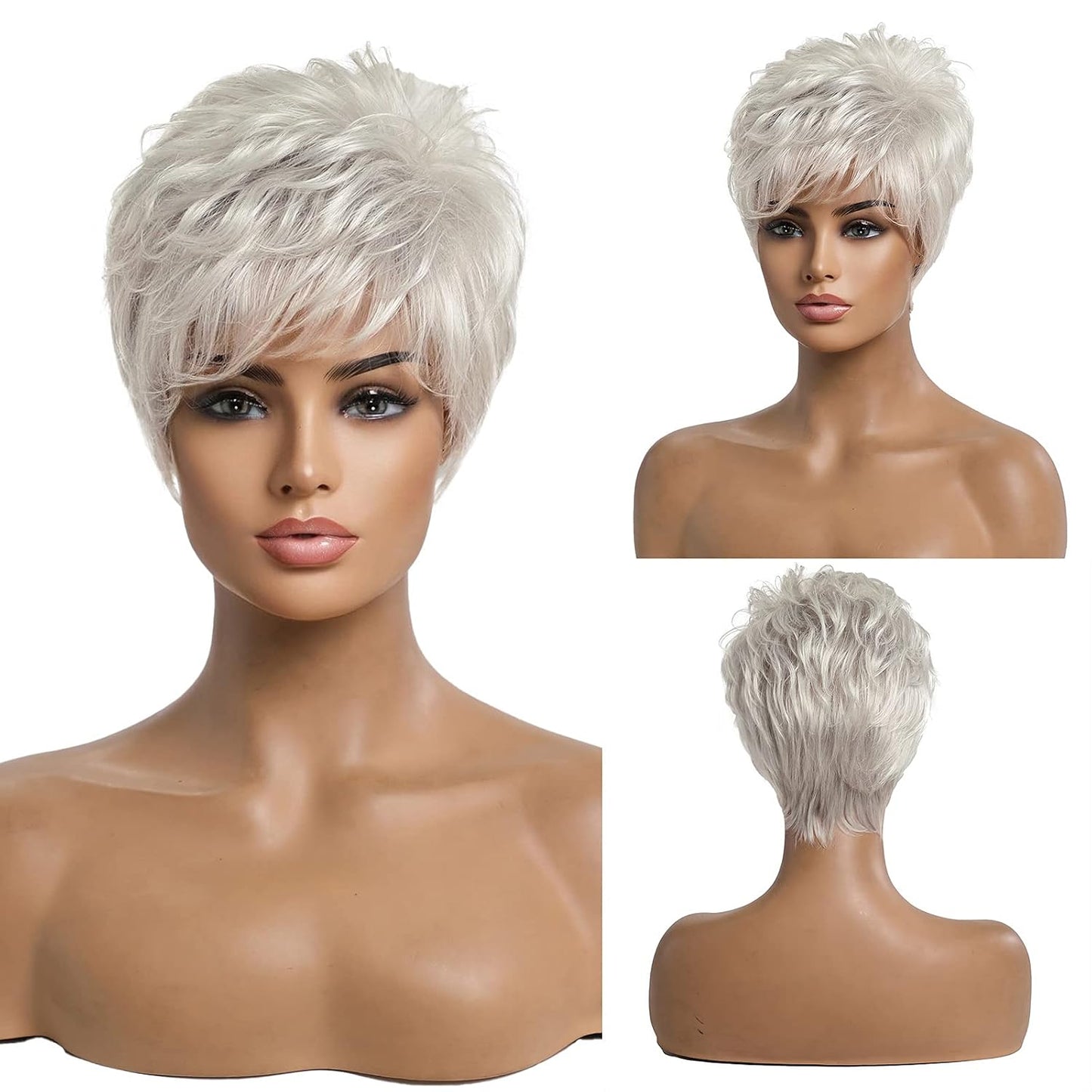 EMMOR Pelucas cortas de cabello humano gris plateado para mujer, me...