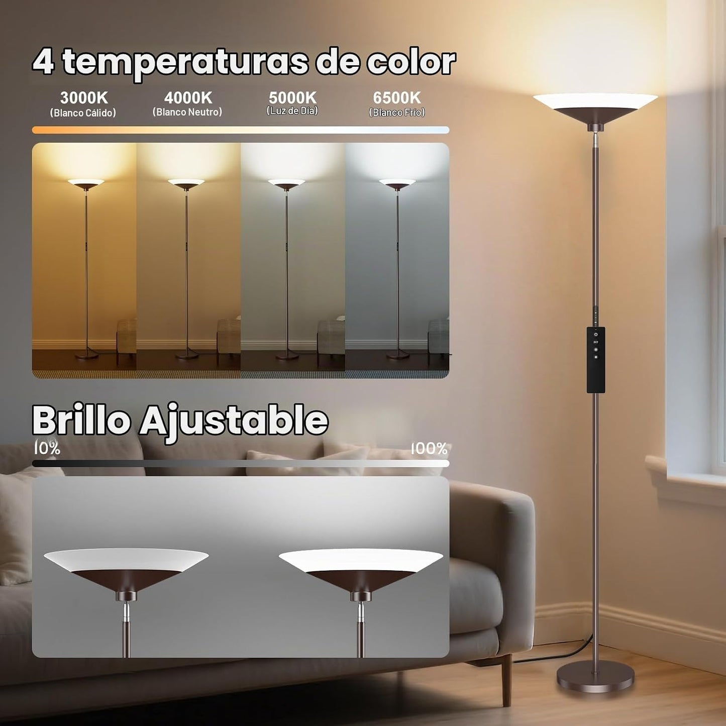 SIBRILLE Lámpara de pie marrón tipo antorcha - Lámpara de pie regul...
