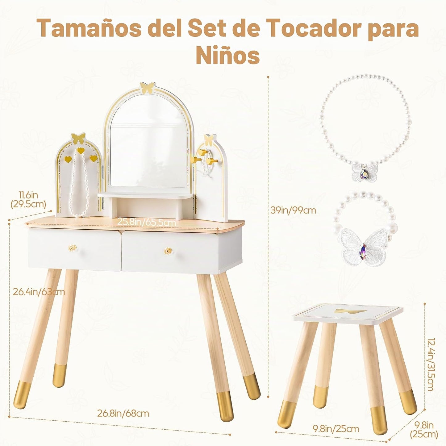 ROBUD Juego de mesa y silla para niños, juego de tocador para niñas...