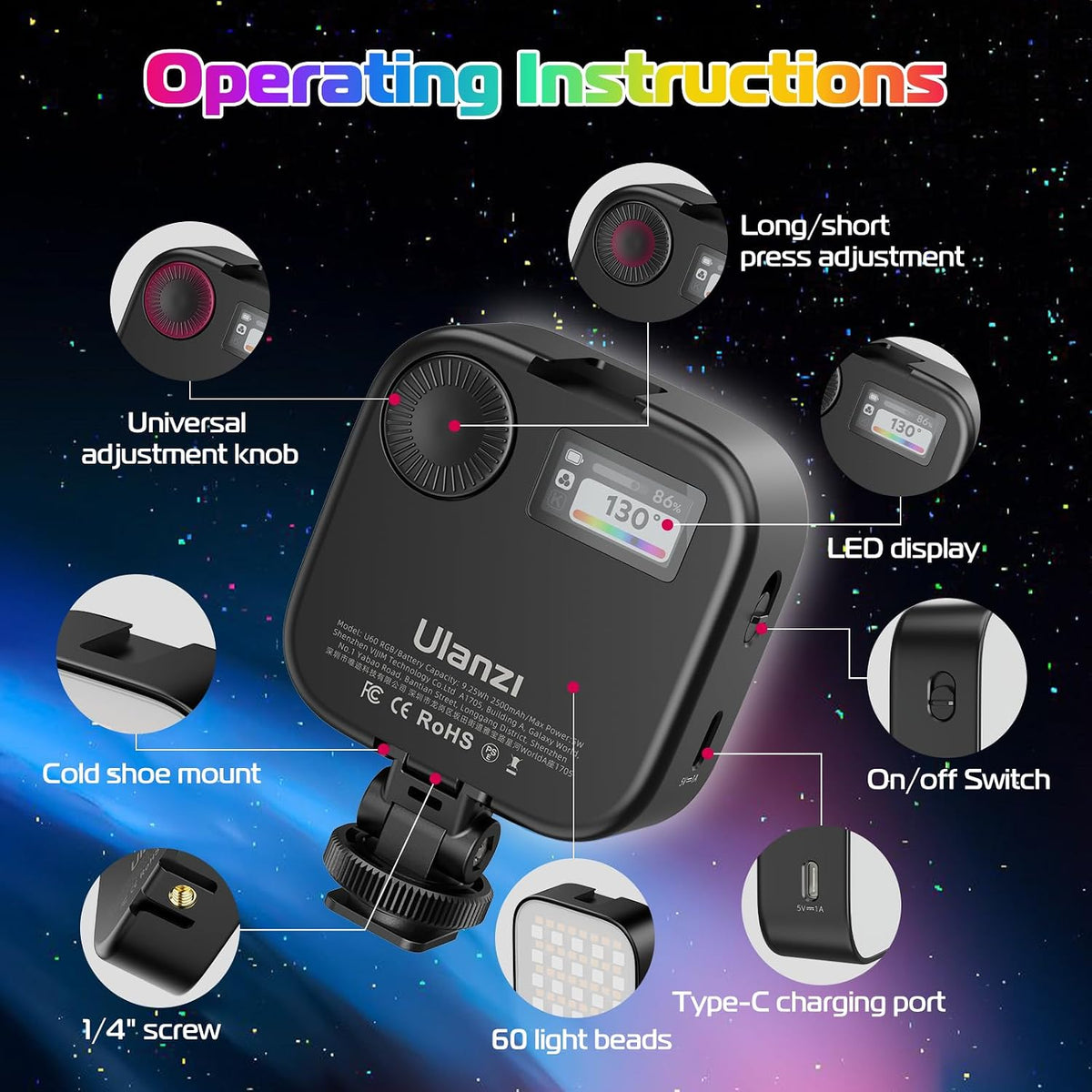 ULANZI Luces de video RGB U60 Luz de cámara LED negra 360° Iluminac...