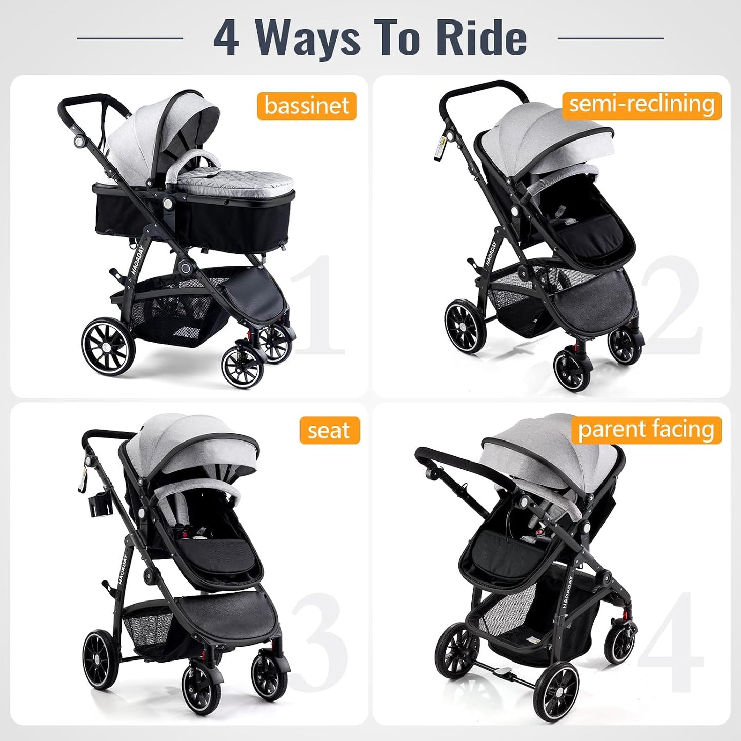 Cochecito de bebé, asiento reversible 2 en 1 para niños pequeños co...