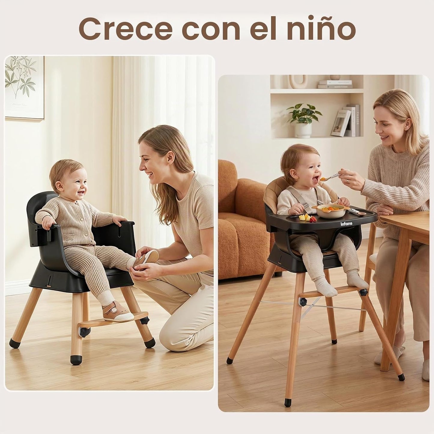 INFANS Silla alta para bebé, silla alta convertible de madera 6 en...