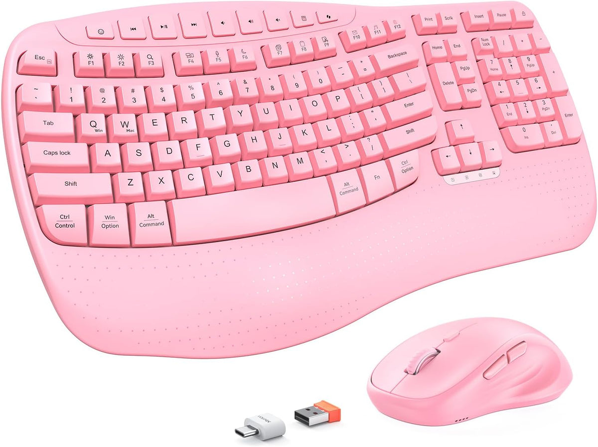 MEETION Teclado y ratón inalámbricos ergonómicos, teclas onduladas...
