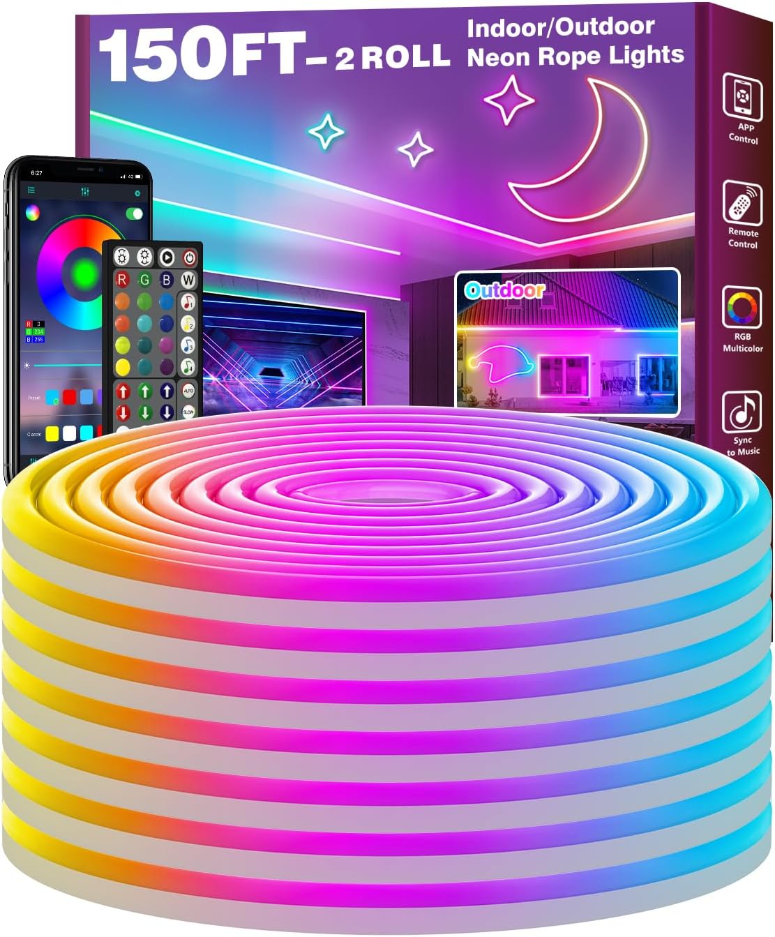 FBZ Cuerda de luces LED de 150 pies, control de luces de neón flexi...