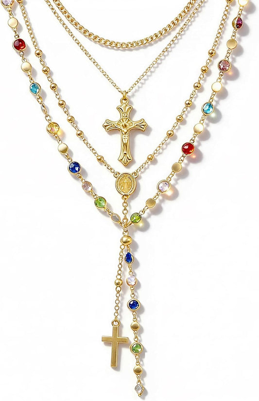 4 piezas de collares de cruz dorados en capas para mujer, modernos,...